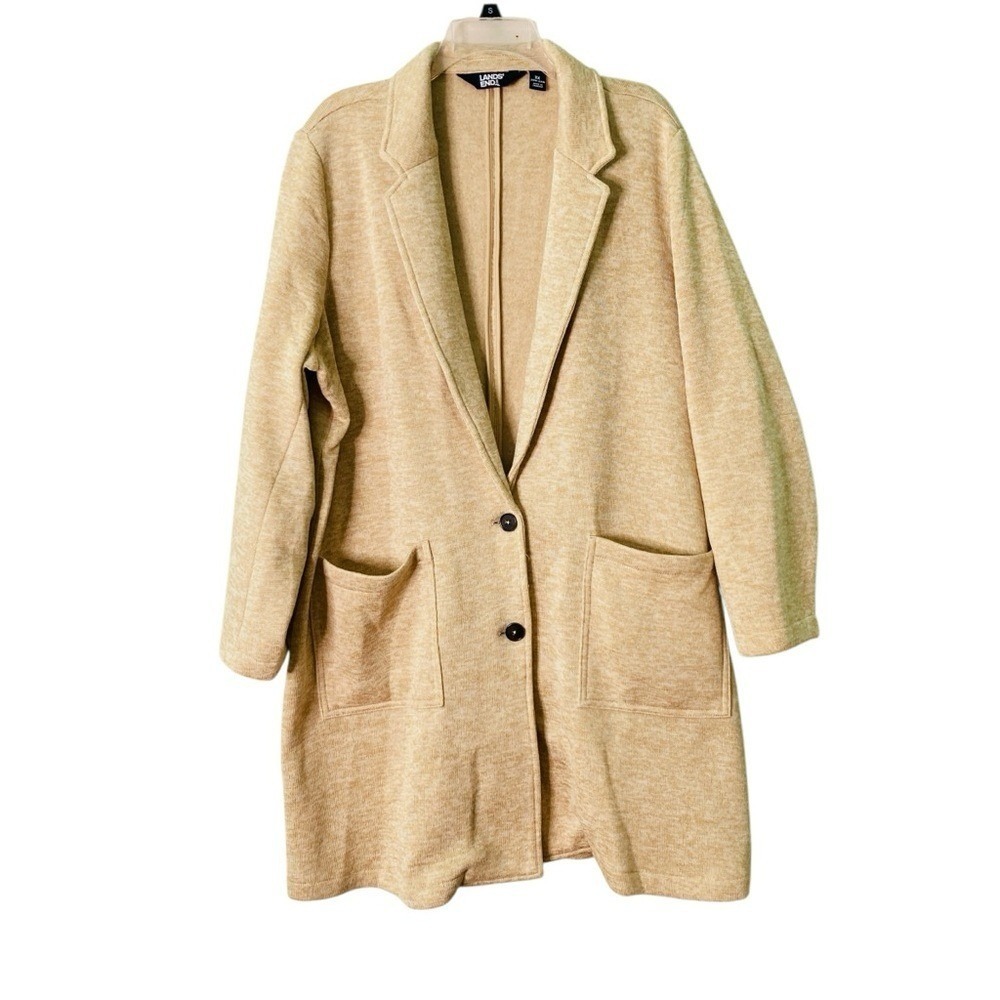 Lands' End Long Line Sweater Fleece Blazer Coat Bisque Heather Pockets (Size 2X)